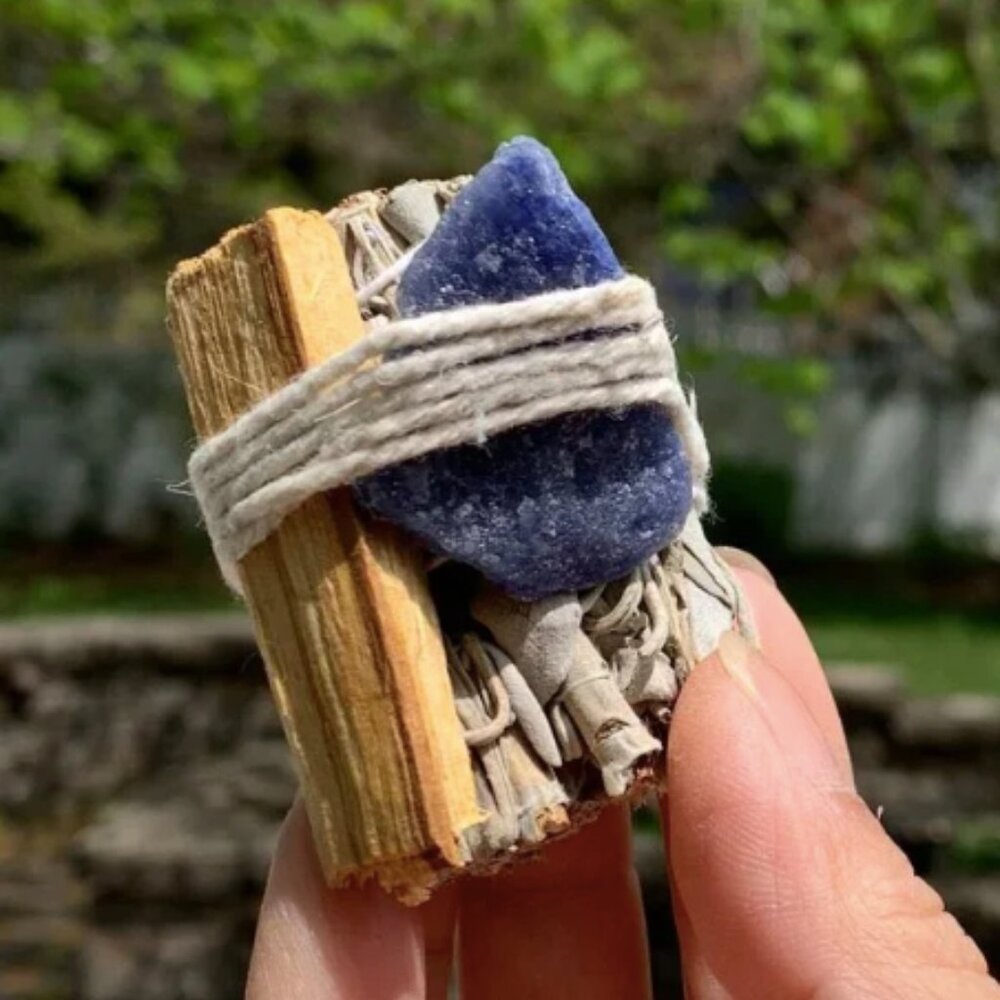 Natural Blue Aventurine + White Sage Grass + Palo Santo Stick